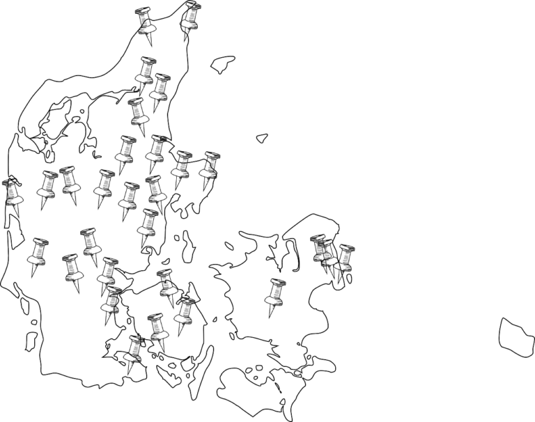 Danmarkskort med markering af lokationer for afholdte kurser