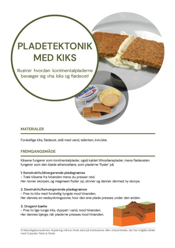 pdf med forsøgsvejledning til, hvordan man kan undersøge pladetektonik med kiks og flødeost